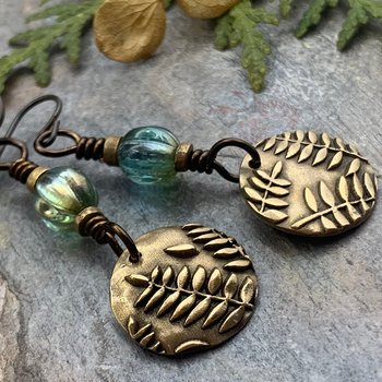 Fern Bronze Earrings, Light Dangle Earrings, Earthy Czech Glass Beads, Hypoallergenic Ear Wires, Botanical Green Witch, Soul Harbor Jewelry