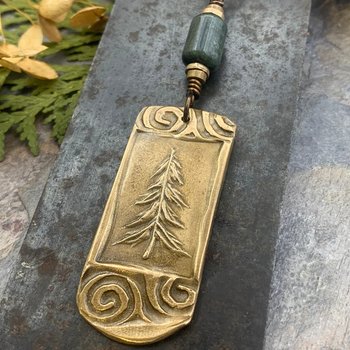 Pine Tree Pendant, Bronze Spirals, Irish Celtic Jewelry, Connemara Marble, Tree of Life Jewelry, Druid Sacred Trees, Hand Carved, Evergreen
