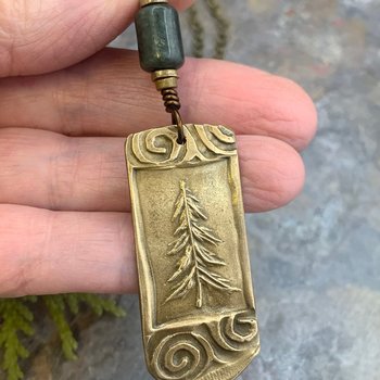 Pine Tree Pendant, Bronze Spirals, Irish Celtic Jewelry, Connemara Marble, Tree of Life Jewelry, Druid Sacred Trees, Hand Carved, Evergreen
