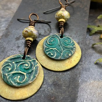 Bronze Layered Disc Earrings, Aqua Green Patina, Czech Glass Beads, Hypoallergenic Ear Wires, Celtic Spirals, Earthy Tribal, Boho Chic Style