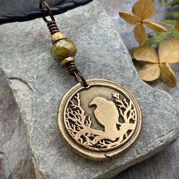 Raven Bronze Pendant, Czech Glass Bead, Tree Branches, Leather & Vegan Cords, Raven Silhouette, Celtic Goddess Witch, Pagan Earthy Jewelry