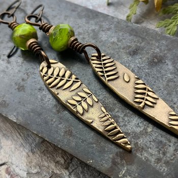 Fern Bronze Earrings, Teardrop Shield, Botanical Earthy, Green Witch, Hypoallergenic Ear Wires, Green Czech Glass, Handmade Art Jewelry