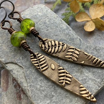 Fern Bronze Earrings, Teardrop Shield, Botanical Earthy, Green Witch, Hypoallergenic Ear Wires, Green Czech Glass, Handmade Art Jewelry