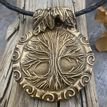 Celtic Tree of Life, Bronze Pendant, Irish Celtic Spirals, Round Tree of Life, Crann Bethadh, Hand Carved, Green Witch, Leather & Vegan Cord