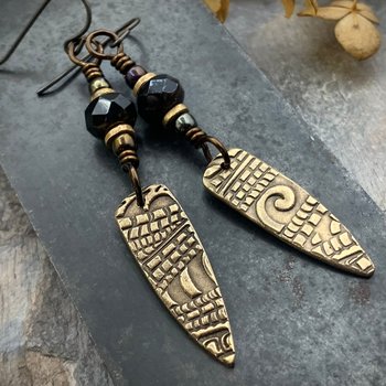 Bronze Dagger Earrings, Tribal Spiral Texture, Czech Glass Beads, Hypoallergenic Ear Wires, Light Dangle Earrings, Teardrop Shield, Handmade