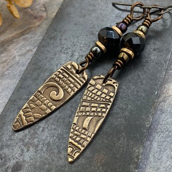 Bronze Dagger Earrings, Tribal Spiral Texture, Czech Glass Beads, Hypoallergenic Ear Wires, Light Dangle Earrings, Teardrop Shield, Handmade