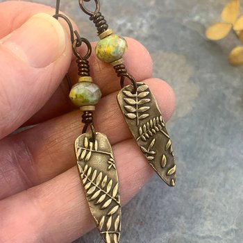 Fern Bronze Earrings, Teardrop Shield, Botanical Earthy, Green Witch, Hypoallergenic Ear Wires, Green Czech Glass, Handmade Art Jewelry