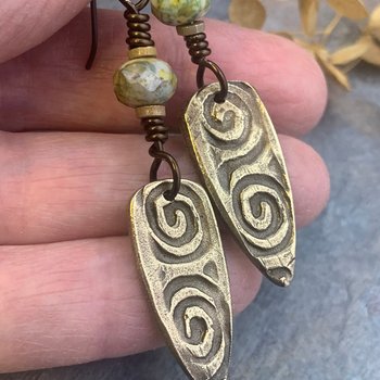 Bronze Shield Earrings, Celtic Spiral Texture, Czech Glass Beads, Hypoallergenic Ear Wires, Light Dangle Earrings, Teardrop Shield, Handmade