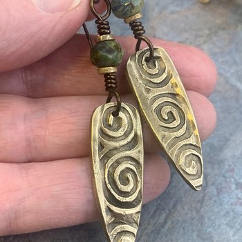 Bronze Shield Earrings, Irish Celtic Spiral, Czech Glass Beads, Hypoallergenic Ear Wires, Dagger Teardrop, Tribal Earthy Jewelry, Handmade