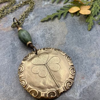 Shamrock Pendant, Connemara Marble Necklace, Irish Celtic Spirals, Bronze 8th Anniversary, Irish Clover, Leather Vegan Cords, Antiqued Chain