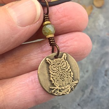 Bronze Owl Charm, Irish Celtic, Owl Witch Necklace, Celtic Hag Crone, Leather & Vegan Cords, Handmade Art Jewelry, Soul Harbor Jewelry