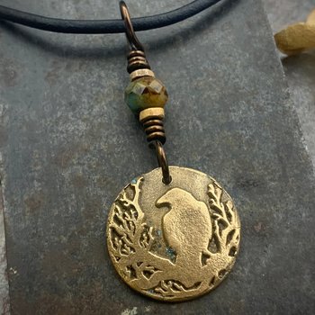 Raven Bronze Pendant, Czech Glass Bead, Tree Branches, Leather & Vegan Cords, Raven Silhouette, Celtic Goddess Witch, Pagan Earthy Jewelry