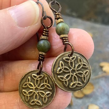 Trinity Knot Bronze Earrings, Triquetra, Irish Celtic Jewelry, Connemara Marble, Celtic Knots, St Patricks Day, Eternity, Triple Goddess