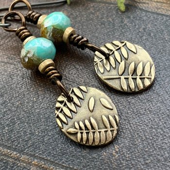 Fern Bronze Earrings, Light Dangle Earrings, Earthy Czech Glass Beads, Hypoallergenic Ear Wires, Botanical Green Witch, Soul Harbor Jewelry