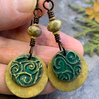 Bronze Layered Disc Earrings, Aqua Green Patina, Czech Glass Beads, Hypoallergenic Ear Wires, Celtic Spirals, Earthy Tribal, Boho Chic Style