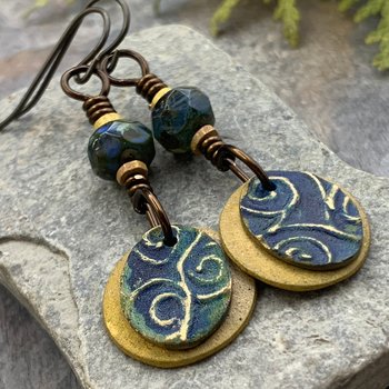 Bronze Layered Disc Earrings, Deep Blue Patina, Czech Glass Beads, Hypoallergenic Ear Wires, Celtic Spirals, Earthy Tribal, Boho Chic Style
