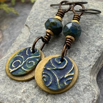 Bronze Layered Disc Earrings, Deep Blue Patina, Czech Glass Beads, Hypoallergenic Ear Wires, Celtic Spirals, Earthy Tribal, Boho Chic Style