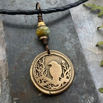 Raven Bronze Pendant, Czech Glass Bead, Tree Branches, Leather & Vegan Cords, Raven Silhouette, Celtic Goddess Witch, Pagan Earthy Jewelry