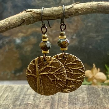 Tree of Life Earrings, Bronze Discs, Czech Glass Beads, Hypoallergenic Ear Wires, Earthy Art Jewelry, Hand Carved Trees, Tree Branches