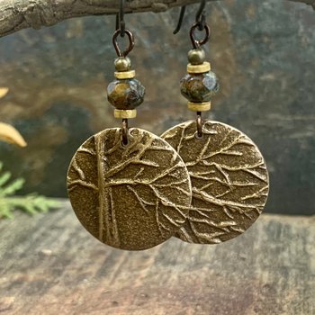 Tree of Life Earrings, Bronze Discs, Czech Glass Beads, Hypoallergenic Ear Wires, Earthy Art Jewelry, Hand Carved Trees, Tree Branches