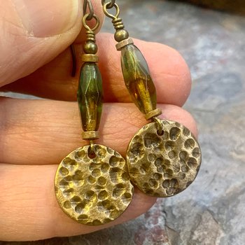 Bronze Disc Earrings, Czech Glass Beads, Hypoallergenic Ear Wires, Earthy Tribal, Boho Chic Style, Dangle Discs, Handmade Metal Jewelry