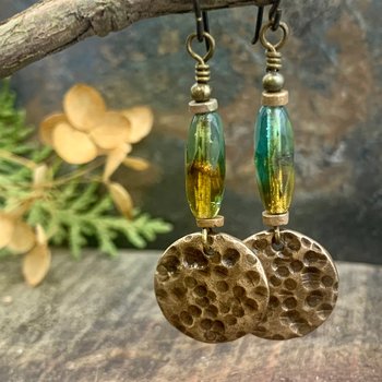 Bronze Disc Earrings, Czech Glass Beads, Hypoallergenic Ear Wires, Earthy Tribal, Boho Chic Style, Dangle Discs, Handmade Metal Jewelry