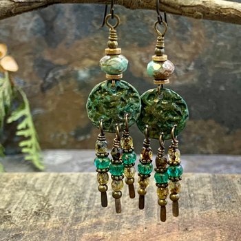 Bronze Disc Earrings, Chandelier Dangles, Czech Glass Beads, Boho Chic Jewelry, Hypoallergenic Ear Wires, Earthy Colorful