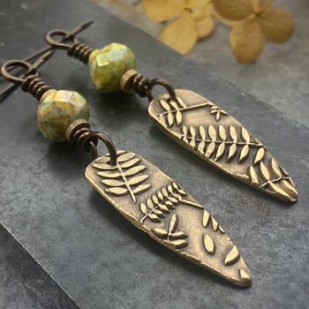 Fern Bronze Earrings, Teardrop Shield, Botanical Earthy, Green Witch, Hypoallergenic Ear Wires, Green Czech Glass, Handmade Art Jewelry