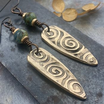 Bronze Shield Earrings, Irish Celtic Spiral, Czech Glass Beads, Hypoallergenic Ear Wires, Dagger Teardrop, Tribal Earthy Jewelry, Handmade