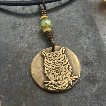 Bronze Owl Charm, Irish Celtic, Owl Witch Necklace, Celtic Hag Crone, Leather & Vegan Cords, Handmade Art Jewelry, Soul Harbor Jewelry