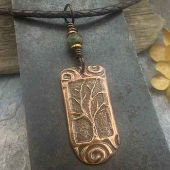 Copper Tree Pendant, Irish Celtic Spirals, One Tree, Czech Glass Bead, Leather & Vegan Cords, Earthy Jewelry, Tree Branches Roots, Handmade