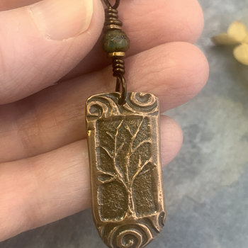 Copper Tree Pendant, Irish Celtic Spirals, One Tree, Czech Glass Bead, Leather & Vegan Cords, Earthy Jewelry, Tree Branches Roots, Handmade