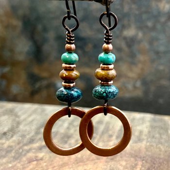 Copper Turquoise, Hoop Earrings, Light Everyday Earrings, Boho Summer Style, Hypoallergenic Ear Wires, Earthy Rustic Jewelry, Cairn Stones