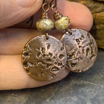 Copper Disc Earrings, Czech Glass Beads, Hypoallergenic Ear Wires, Earthy Tribal, Boho Chic Style, Dangle Discs, Handmade Metal Jewelry