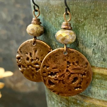 Copper Disc Earrings, Czech Glass Beads, Hypoallergenic Ear Wires, Earthy Tribal, Boho Chic Style, Dangle Discs, Handmade Metal Jewelry