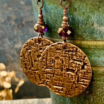 Copper Disc Earrings, Czech Glass Beads, Hypoallergenic Ear Wires, Earthy Tribal, Boho Chic Style, Large Dangle Discs, Handmade Metal Art