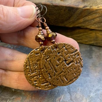 Copper Disc Earrings, Czech Glass Beads, Hypoallergenic Ear Wires, Earthy Tribal, Boho Chic Style, Large Dangle Discs, Handmade Metal Art