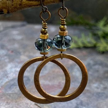 Bronze Hoop Earrings, Midnight Blue Czech Glass, Hypoallergenic Ear Wires, Earthy Boho Jewelry, Light Dangly Hoops, Every Day Earrings