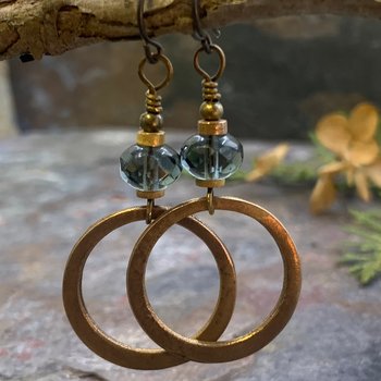 Bronze Hoop Earrings, Midnight Blue Czech Glass, Hypoallergenic Ear Wires, Earthy Boho Jewelry, Light Dangly Hoops, Every Day Earrings