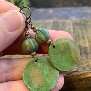 Bronze Disc Earrings, Green Verdigris Patina, Czech Glass Beads, Earthy Art Jewelry, Boho Style, Organic Rustic Jewelry, Colorful Earrings