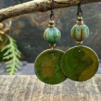 Bronze Disc Earrings, Green Verdigris Patina, Czech Glass Beads, Earthy Art Jewelry, Boho Style, Organic Rustic Jewelry, Colorful Earrings