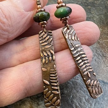 Fern Copper Earrings, Turquoise Beads, Hypoallergenic Ear Wires, Earthy Rustic, Botanical Jewelry, Light Long Skinny Earrings, Green Witch