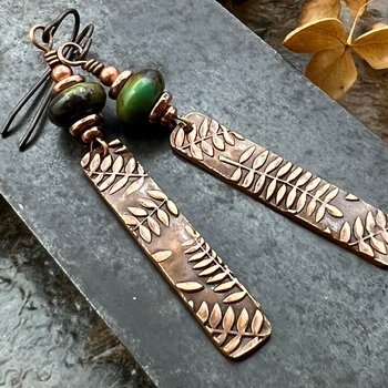 Fern Copper Earrings, Turquoise Beads, Hypoallergenic Ear Wires, Earthy Rustic, Botanical Jewelry, Light Long Skinny Earrings, Green Witch