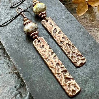 Copper Textured Earrings, Czech Glass Beads, Hypoallergenic Ear Wires, Earthy Rustic,  Light Long Skinny Earrings, Boho Earthy Style