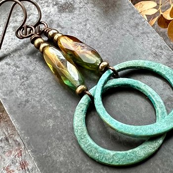 Bronze Hoop Earrings, Verdigris Patina, Czech Glass Beads, Hypoallergenic, Earthy Boho Jewelry, Aqua Turquoise Blue, Handmade Art Jewelry