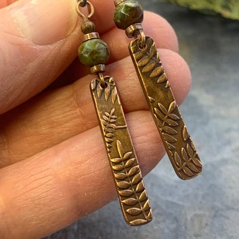 Fern Copper Earrings, Long Skinny, Hypoallergenic Ear Wires, Green Czech Glass Beads, Botanical Jewelry, Light Earrings, Green Witch