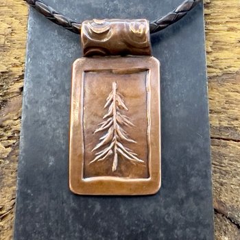 Pine Tree Pendant, Copper Tree Necklace, Evergreen Coniferous Trees, Earthy Rustic Art Jewelry, Hand Carved, Tree of Life, One Tree, Spirals