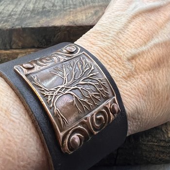 Tree of Life, Copper & Leather Cuff Bracelet, Unisex Jewelry, Hand Carved, Brown Leather Adjustable Cuff, Size 6.75-8, Earthy Rustic Jewelry