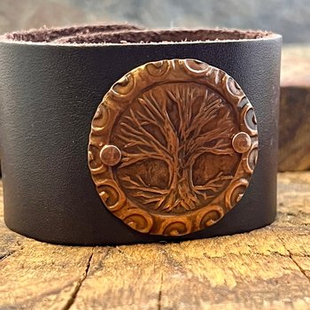 Tree of Life, Copper & Leather Cuff Bracelet, Unisex Jewelry, Hand Carved, Brown Leather Adjustable Cuff, Size 6.75-8, Earthy Rustic Jewelry