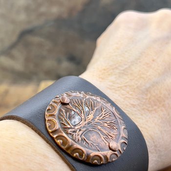Tree of Life, Copper & Leather Cuff Bracelet, Unisex Jewelry, Hand Carved, Brown Leather Adjustable Cuff, Size 6.75-8, Earthy Rustic Jewelry